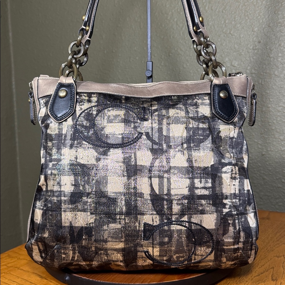 Coach Kristin Plaid Signature Embroidered Metallic Lurex Expandable Tote - Picture 2 of 16